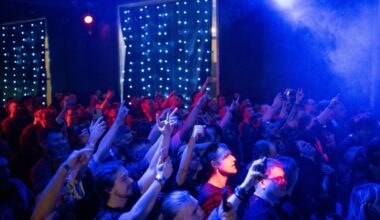 People attend a concert at a music club in Minsk.