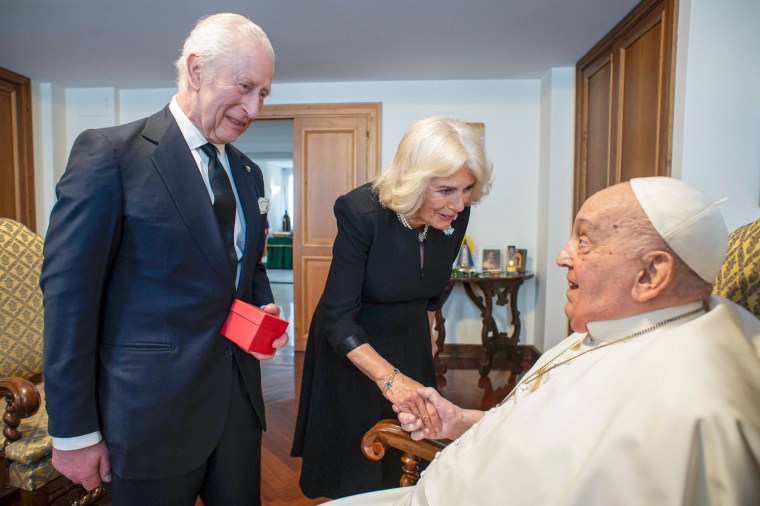 King Charles III and Queen Camilla meet with Pope Francis.