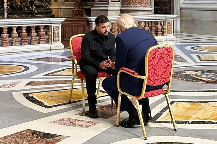 President Donald Trump and Ukrainian President Volodymyr Zelenskyy on the sidelines of Pope Francis’ funeral at the Vatican on Saturday.