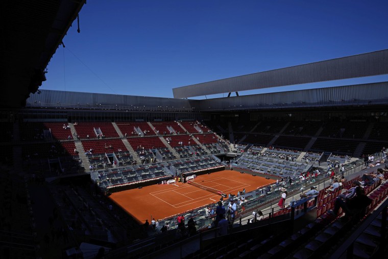 Empty stands at the Madrid Open tennis tournament during a general blackout in Madrid, Monday, April 28, 2025. 