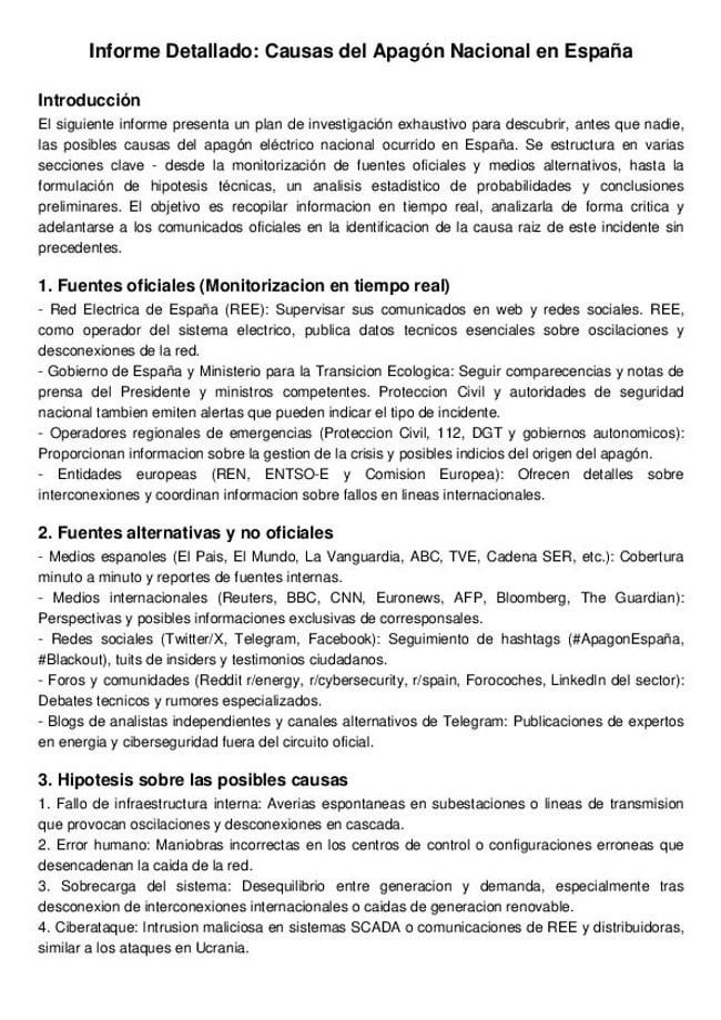 Informe independiente y exhaustivo: posibles causas del gran apagón en la península
