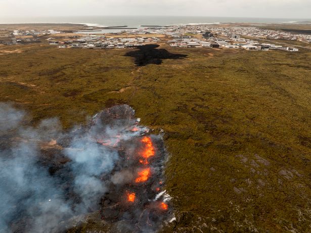 Aerial view of the volcanic eruption near the town of Grindavik