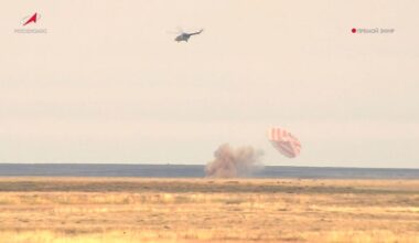 The Soyuz MS-26 space capsule carrying the International Space Station (ISS) crew lands in a remote area of Kazakhstan