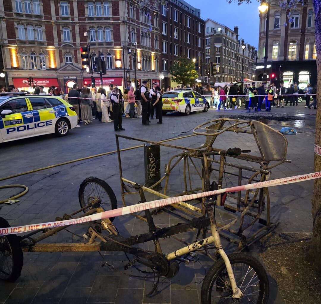 Aftermath of rickshaw catching fire from dodgy batteries in Cambridge Circus