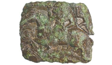 a close-up of a stamp with a warrior riding a horse
