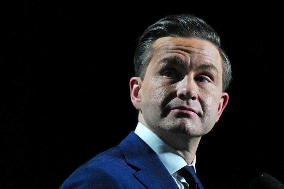 Canada's Conservative Leader Pierre Poilievre attends a press conference following the French-language Federal Leaders' debate at Maison de Radio-Canada in Montreal, Quebec, Canada, on April 16, 2025. Carney, the frontrunner in this month's Canadian election, faces two tests in Wednesday's televised debate: besting his conservative opponent -- and showing the bilingual nation that he has good enough French. Carney's main rival on the stage in Montreal will be Poilievre, whose Tory Party is trailing the Carney-led Liberals in most opinion polls ahead of the April 28 vote. (Photo by Chris Young / POOL / AFP) (Photo by CHRIS YOUNG/POOL/AFP via Getty Images)          