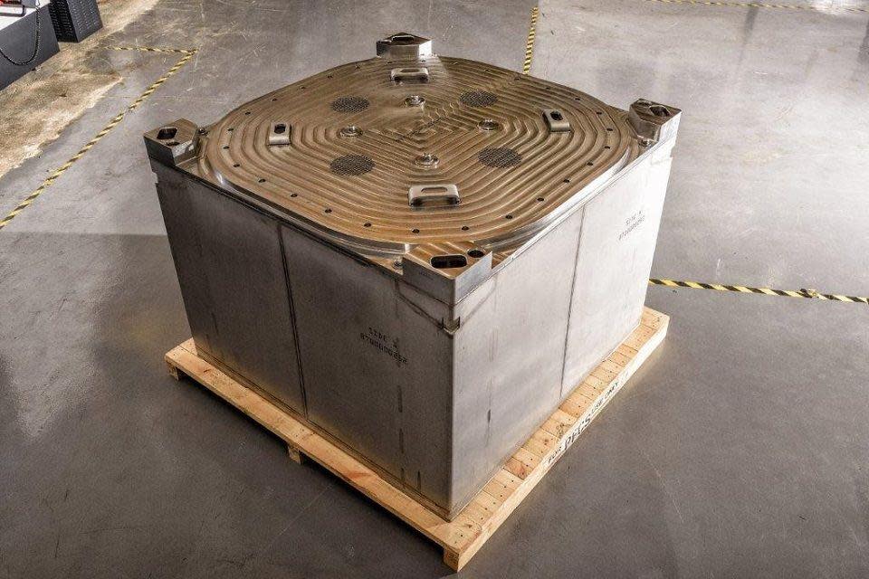 A specially designed 3 metre-cube stainless steel box where the nuclear waste is stored