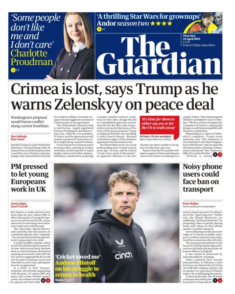 "Crimea is lost, says Trump as he warns Zelenskyy on peace deal" reads the headline on the front page of The Guardian.