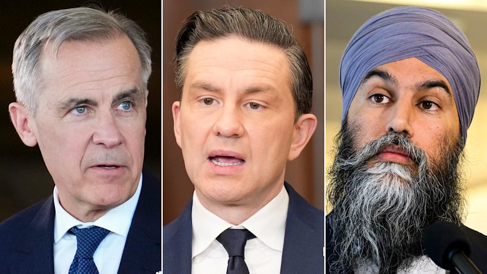 This composite image shows, left to right, Liberal Leader Mark Carney on March 21, 2025; Conservative Leader Pierre Poilievre on March 4, 2025; NDP Leader Jagmeet Singh on Jan. 22, 2025, in Ottawa. With just three weeks to go until election day, Canada's federal party leaders are back on the road today. THE CANADIAN PRESS/Sean Kilpatrick, Adrian Wyld, Justin Tang