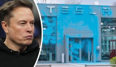 Aktivistinnen der „Neuen Generation“ haben die Fassade des Tesla-Stores von Elon Musk in Berlin-Reinickendorf mit blauer Farbe beschmiert.