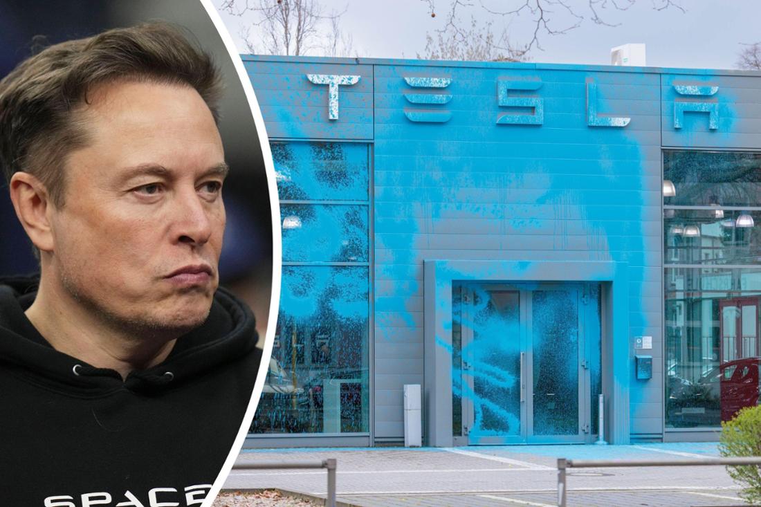 Aktivistinnen der „Neuen Generation“ haben die Fassade des Tesla-Stores von Elon Musk in Berlin-Reinickendorf mit blauer Farbe beschmiert.