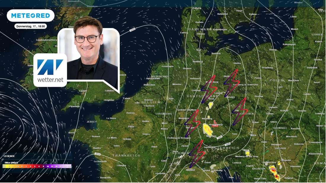Die Wetterkarte zeigt die Blitzaktivität am Donnerstagnachmittag (17. April).