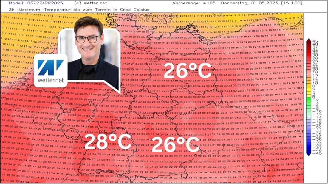 Die Wetterkarte zeigt die Höchstwerte für den 1. Mai 2025.
