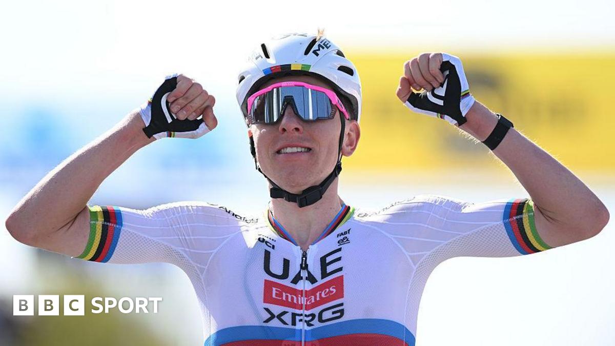Tadej Pogacar celebrates winning the Tour of Flanders