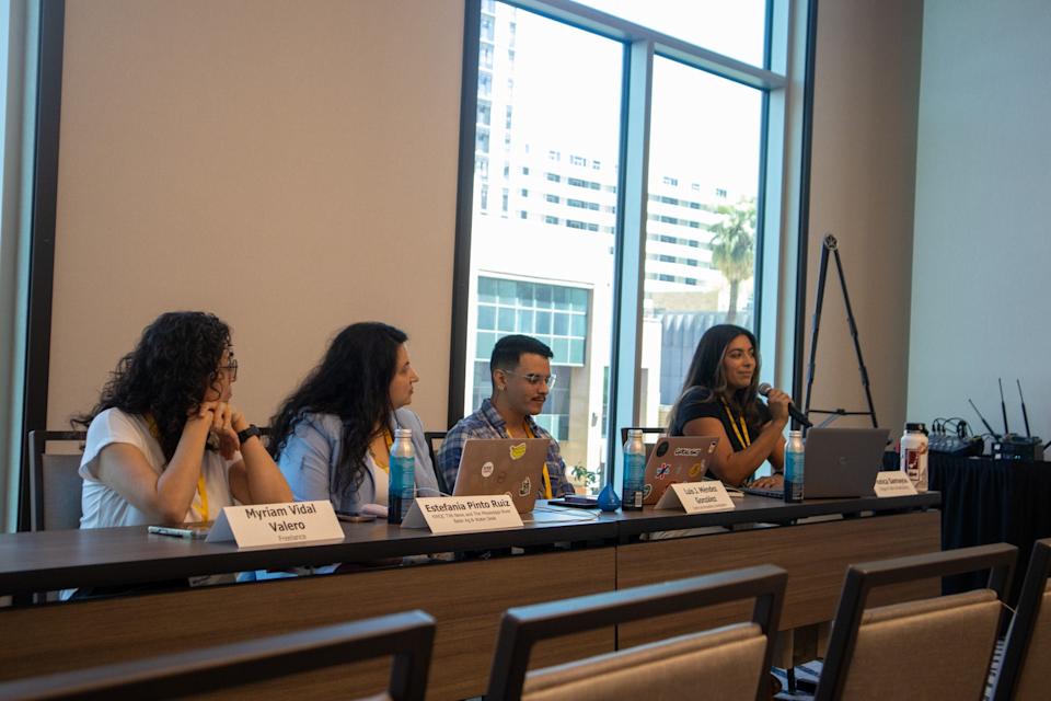 Panelists speak on reporting about Latino groups when data does not exist on April 25, 2025, at the Omni Hotel in Tempe, Arizona. From left: Myriam Vidal Valero, Estefanía Pinto Ruiz, Luis J. Méndez González and Monica Samaya.