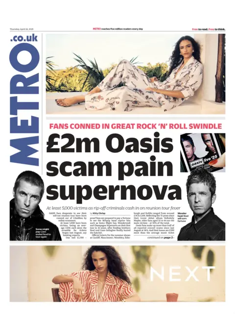 Metro's front page headline reads "£2m Oasis scam pain supernova".