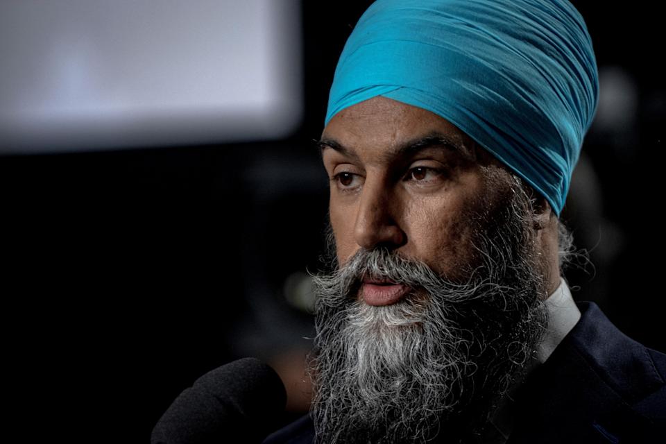 New Democratic Party leader Jagmeet Singh speaks to the media at CBC-Radio-Canada after he participated in the French Federal Leaders Debate broadcast in Montreal, Quebec, on April 16, 2025. Liberal Party leader and Prime Minister Mark Carney, the frontrunner in this month's Canadian election, faces two tests in Wednesday's televised debate: besting his conservative opponent -- and showing the bilingual nation that he has good enough French. Carney's main rival on the stage in Montreal will be Poilievre, whose Tory Party is trailing the Carney-led Liberals in most opinion polls ahead of the April 28 vote. (Photo by ANDREJ IVANOV / AFP) (Photo by ANDREJ IVANOV/AFP via Getty Images)          