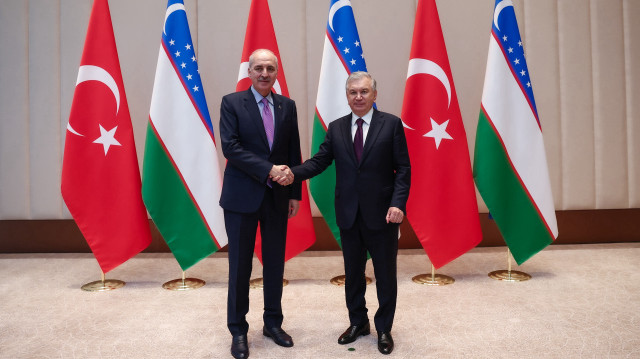 Turkish Parliament Speaker Numan Kurtulmus (L) meets with Uzbek President Shavkat Mirziyoyev (R) as part of the 150th General Assembly of the Inter-Parliamentary Union (IPU) in Tashkent, Uzbekistan on April 07, 2025.