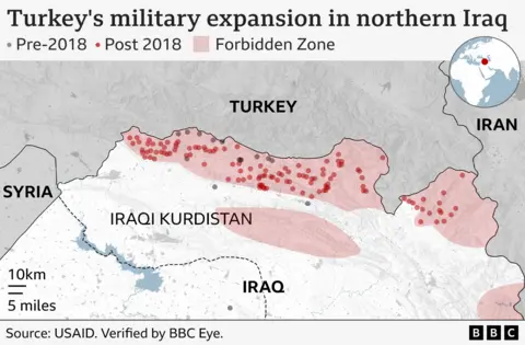 A map showing northern Iraq, Iraqi Kurdistan, the Forbidden Zone, the border with Syria, Turkey and Iran, and the Turkish military bases dotted around northern Iraq