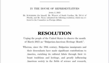 Resolution Introduced in US House of Representatives Proposes March 2025 to Be Designated as "Bulgarian-American Heritage Month