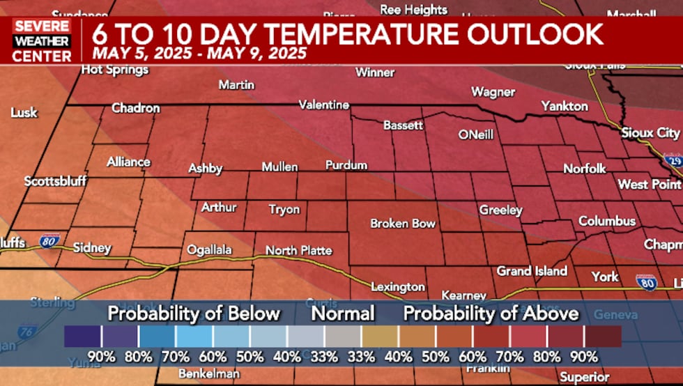 An above average temperature trend through early May, in the 60s and 70s.