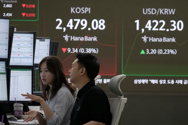 Currency traders work near a screen showing the Korea Composite Stock Price Index (KOSPI) and the foreign exchange rate between U.S. dollar and South Korean won, top right, at the foreign exchange dealing room of the KEB Hana Bank headquarters in Seoul, South Korea, Tuesday, April 22, 2025. (AP Photo/Ahn Young-joon)