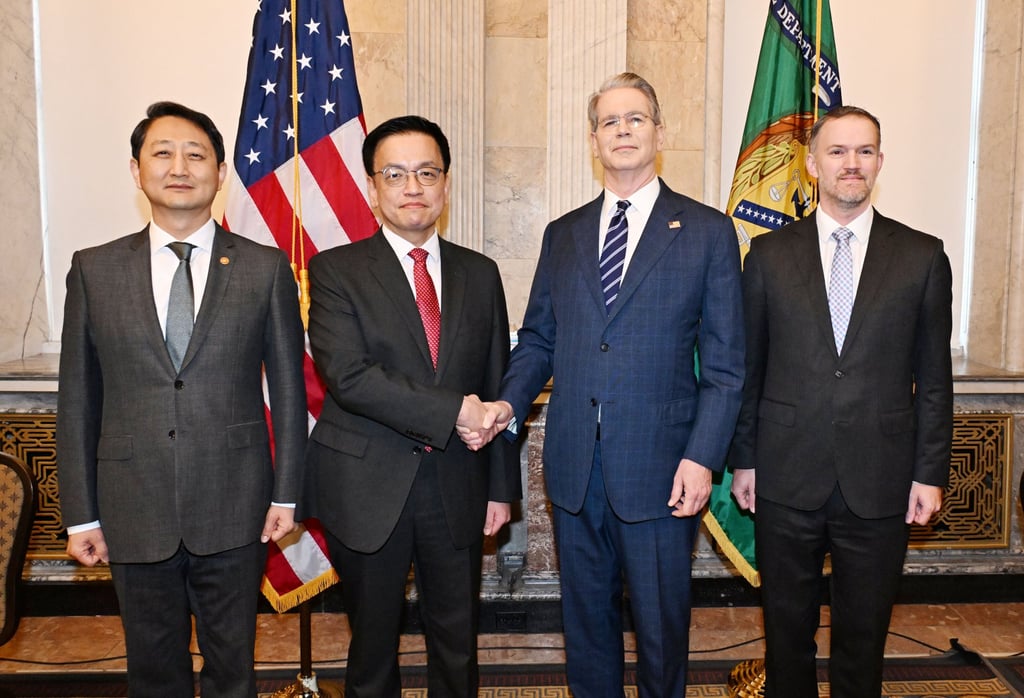 South Korea’s Finance Minister Choi Sang-mok (second from left) and US Treasury Secretary Scott Bessent (second from right) pose for a photo with South Korean Trade Minister Ahn Duk-geun and US Trade Representative Jamieson Greer in Washington on Thursday. Photo: South Korean Finance Ministry via EPA-EFE South Korea’s Finance Minister Choi Sang-mok (second from left) and US Treasury Secretary Scott Bessent (second from right) pose for a photo with South Korean Trade Minister Ahn Duk-geun and US Trade Representative Jamieson Greer in Washington on Thursday. Photo: South Korean Finance Ministry via EPA-EFE