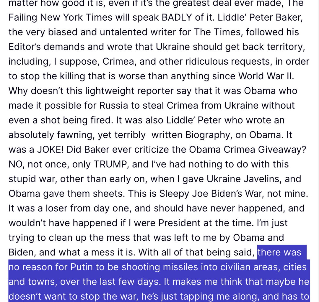 Trump said there was no reason for Putin to be shooting missiles into civilian areas over the last few days and maybe Putin doesn't want to stop the war and is just tapping him along. He then posted to photos of him and Zelensky speaking in Vatican