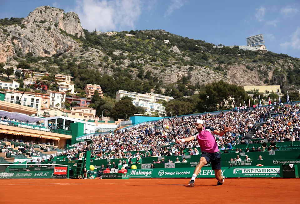 Grigor Dimitrov plays a shot at the Monte Carlo Masters. (Clive Brunskill/Getty Images)