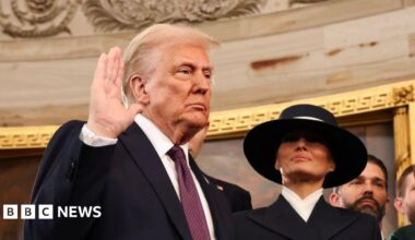 Donald Trump on the left side with text in the middle saying President Trump The First 100 Days