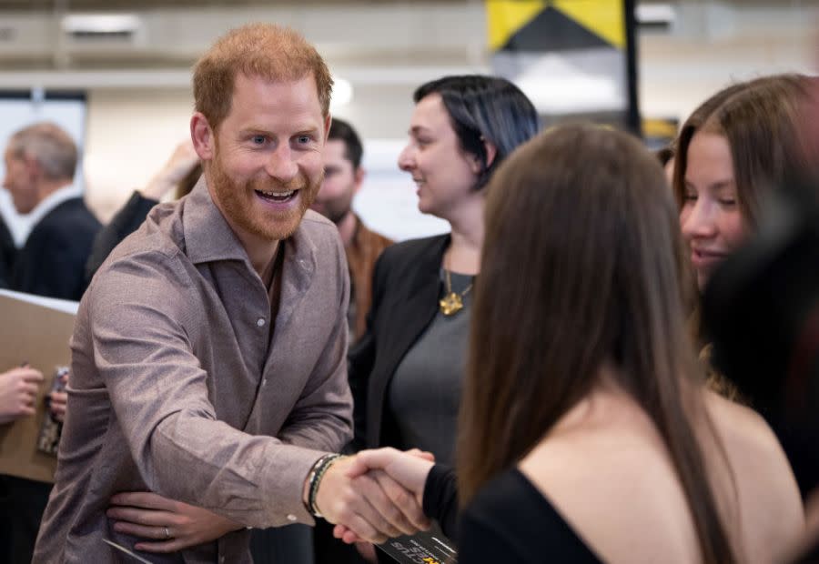 VANCOUVER, CANADA – NOVEMBER 18: Prince Harry, the Duke of Sussex, meets with high school students during the Invictus Games 2025 School Program Launch Event at Seaforth Armoury on November 18, 2024 in Vancouver, Canada. (Photo by Ethan Cairns/Getty Images)