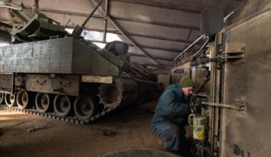 M2 Bradley infantry fighting vehicles (IFVs), which were being repaired by mechanics from the Ukrainian Army.