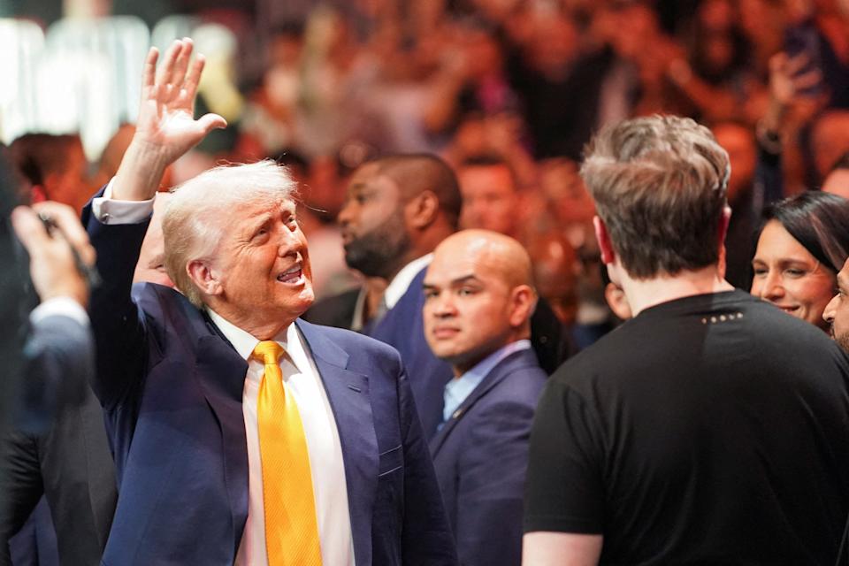 U.S President Donald Trump waves as he arrives, ahead of UFC 314 at the Kaseya Center, Miami Florida, U.S, April 12, 2025. REUTERS/Nathan Howard/File Photo
