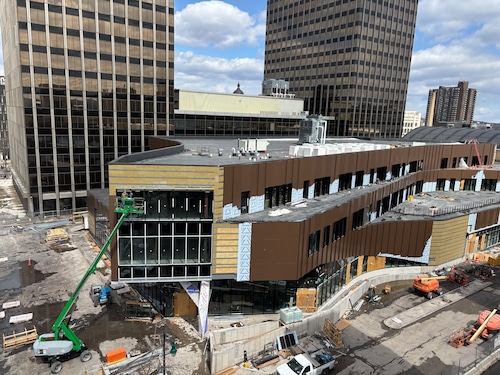 Aerial view of new building with Equitable Towers in the background