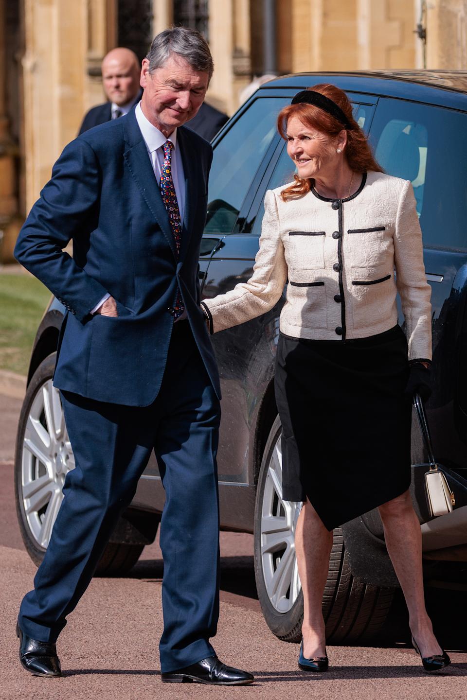 Sarah Ferguson talking to Sir Tim Laurence outside St. George's Chapel