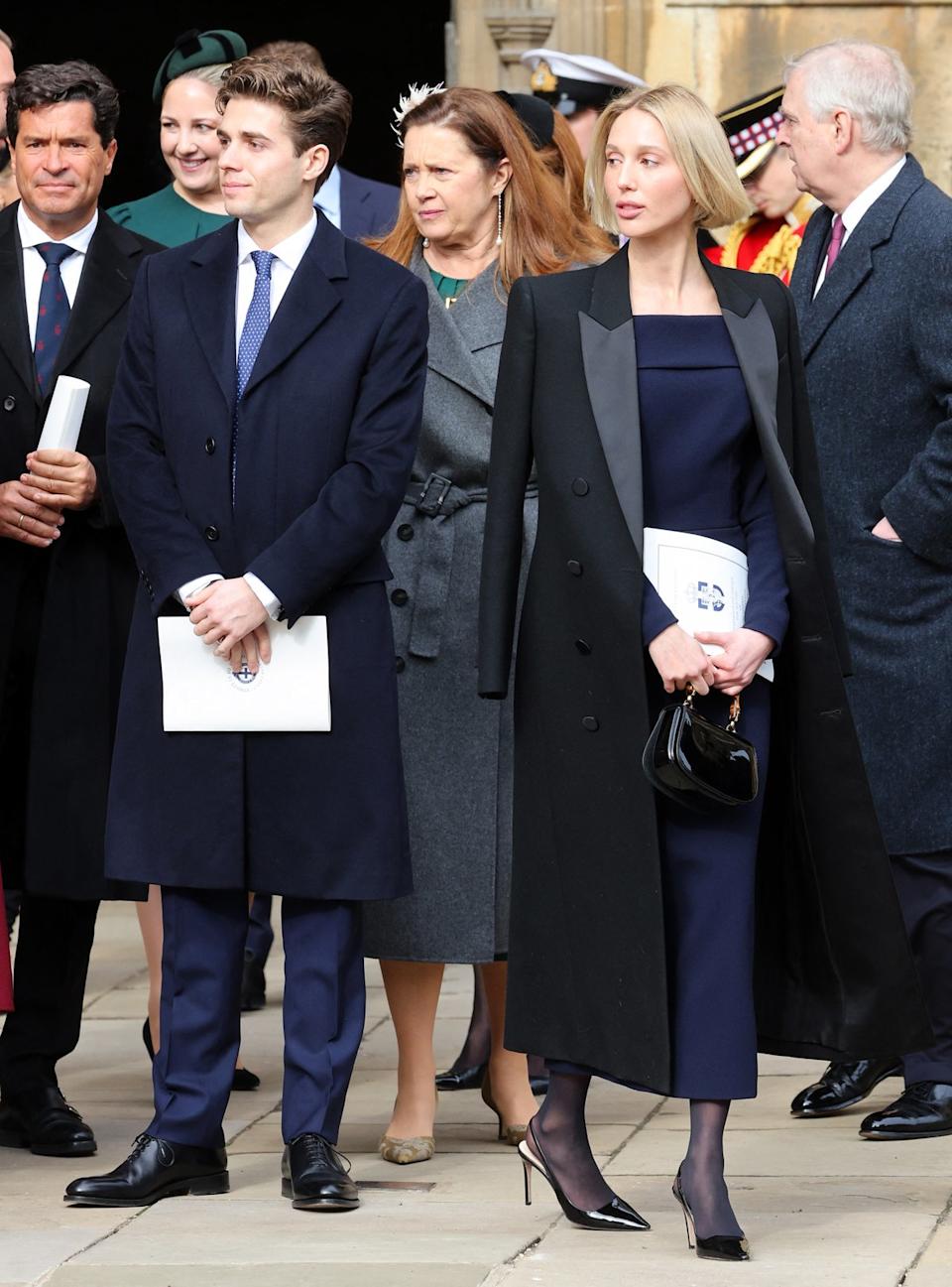 Royal duties: Prince Achileas-Andreas of Greece and Denmark, Princess Alexia of Greece and Denmark, Princess Maria Olympia of Greece and Denmark and Britain's Prince Andrew, Duke of York leave after attending a thanksgiving service for the life of King Constantine of the Hellenes, at St George's Chapel at Windsor Castle on February 27, 2024 (POOL/AFP via Getty Images)