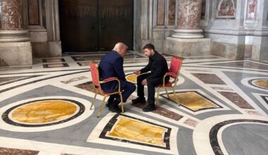 Trump & Zelensky meet inside St Peter's Basilica ahead of Pope Francis' funeral. Both appear deep in conversation. Zelensky later called the meeting "very symbolic" with the "potential to become historic".