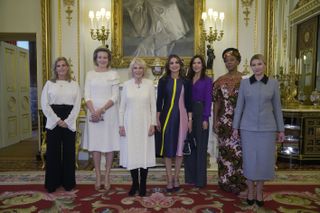 Duchess Sophie, Queen Mathilde, Queen Camilla, Queen Rania, Queen Mary and the first lady of Sierra Leone Fatima Maada Bio, and the first lady of Ukraine Olena Zelenska at Buckingham Palace