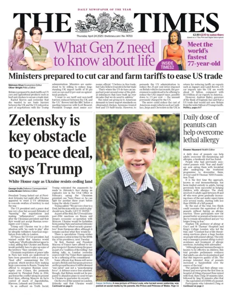 The front page headline of The Times reads "Zelensky is key obstacle to peace deal, says Trump."