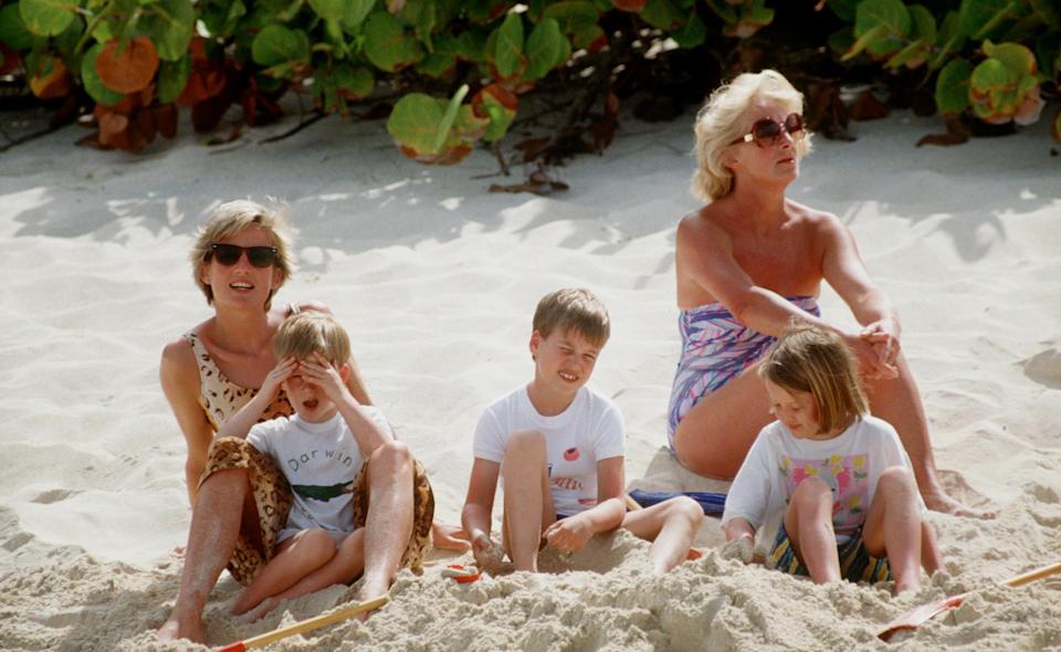 Princess Diana Prince Harry, Prince William and Frances Shand-Kydd wearing swimsuits on the beach on Necker Island in 1990