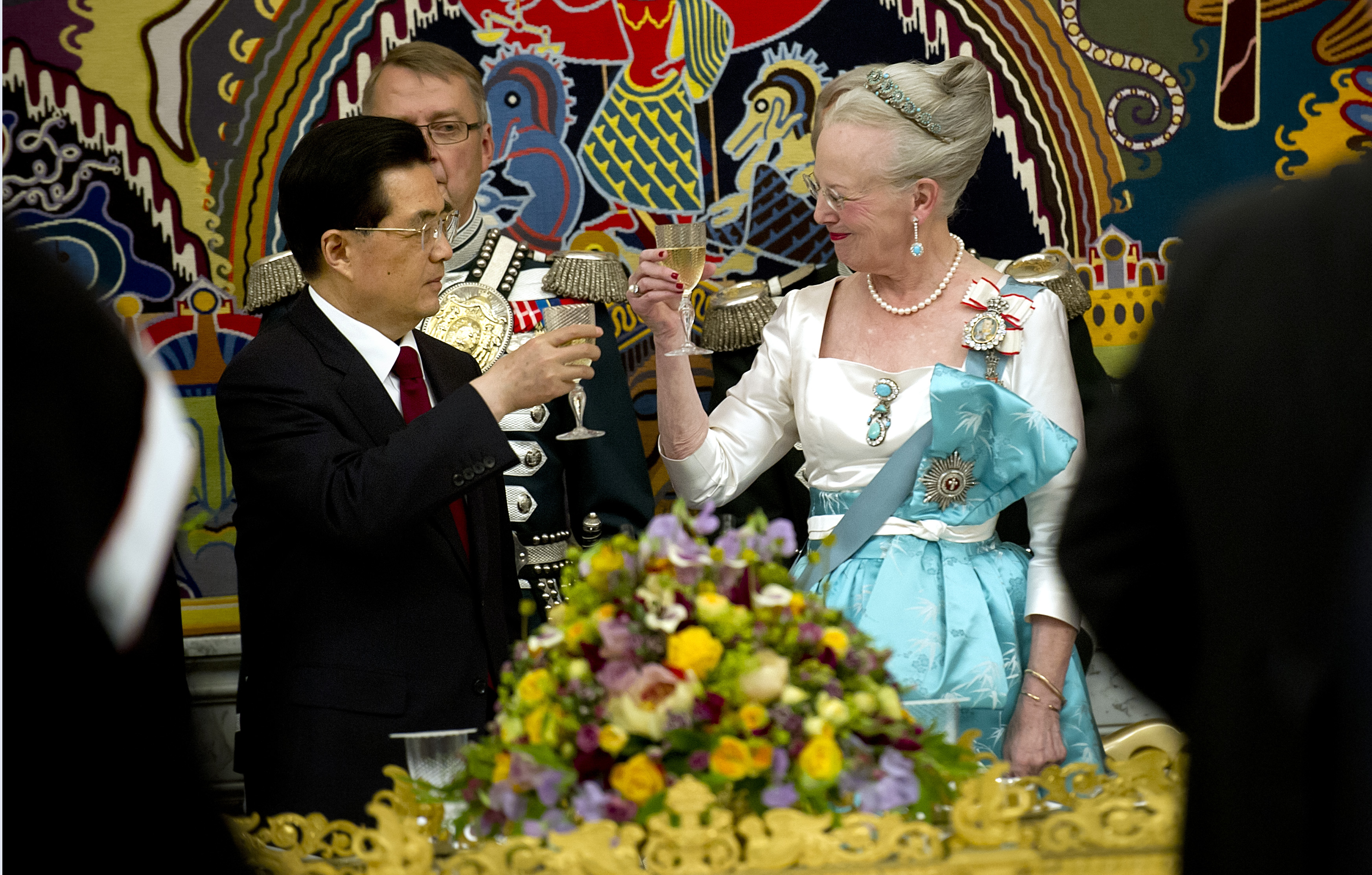 Queen Margrethe toasting the president of China in 2012 at a state banquet