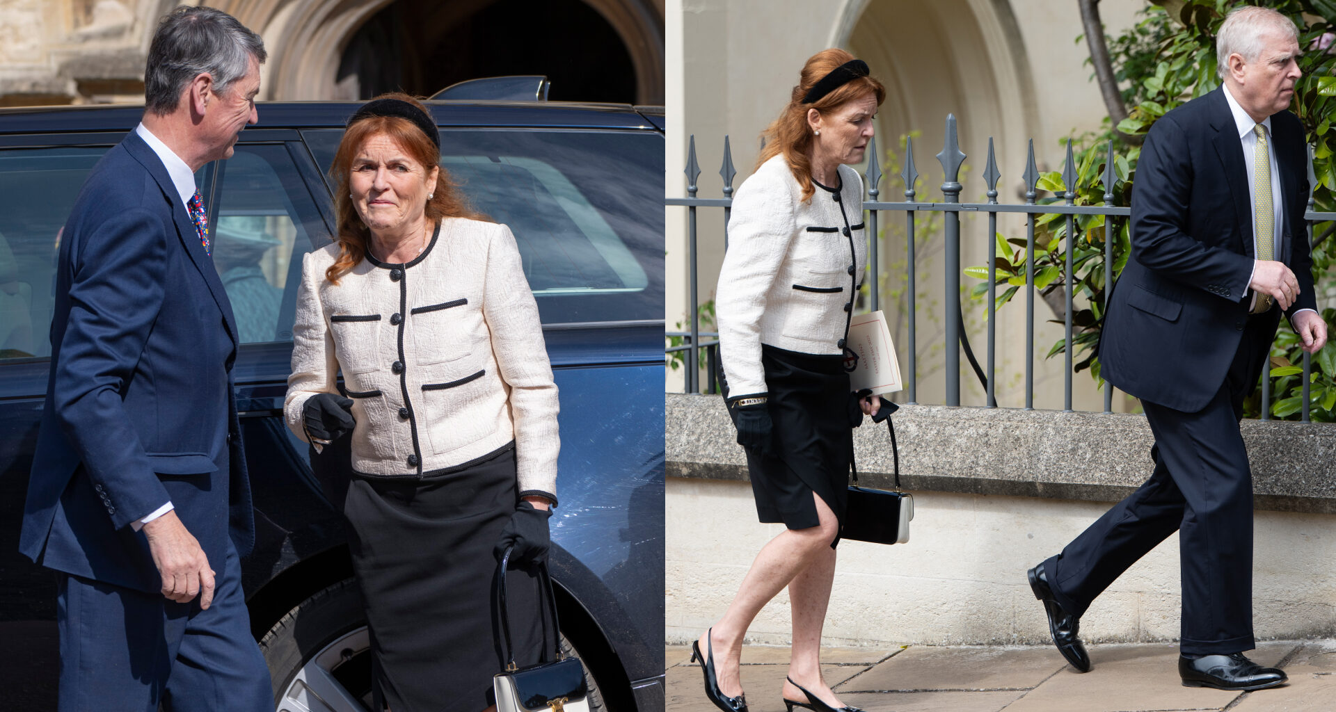 Sarah Ferguson and Tim Laurence talking on Easter 2025 next to a photo of Sarah Ferguson walking behind Prince Andrew outside St. George's Chapel