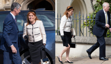 Sarah Ferguson and Tim Laurence talking on Easter 2025 next to a photo of Sarah Ferguson walking behind Prince Andrew outside St. George's Chapel