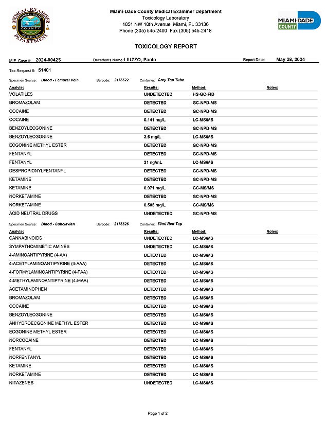 The toxicology report listed several drugs including cocaine, fentanyl, bromazalom and ketamine