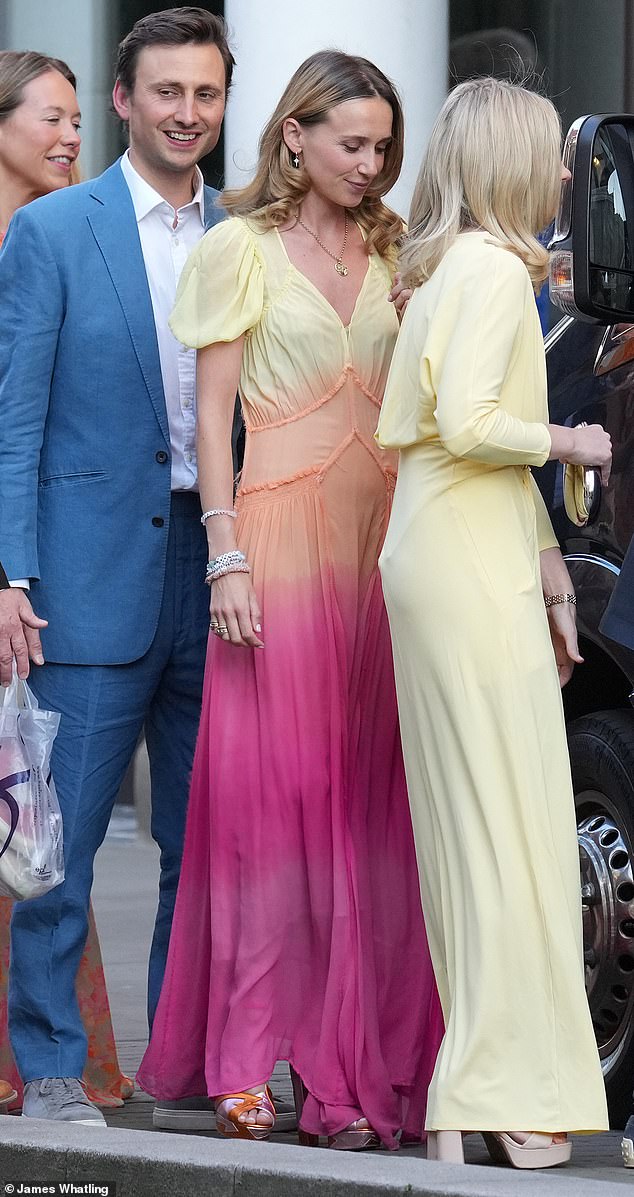 WEDDING GUESTS: Charlie Van Straubenzee, Daisy Jenks and Lucy Lanigan-O'Keeffe(pictured L-R) queue to board the coach