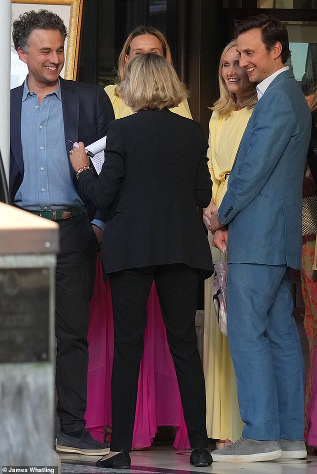 HIGH SPIRITS: Guests are seen smiling and chatting ahead of the evening party (pictured L-R: Thomas Van Straubenzee, Daisy Jenks, Lucy Lanigan-O'Keeffe, Charlie Van Straubenzee)