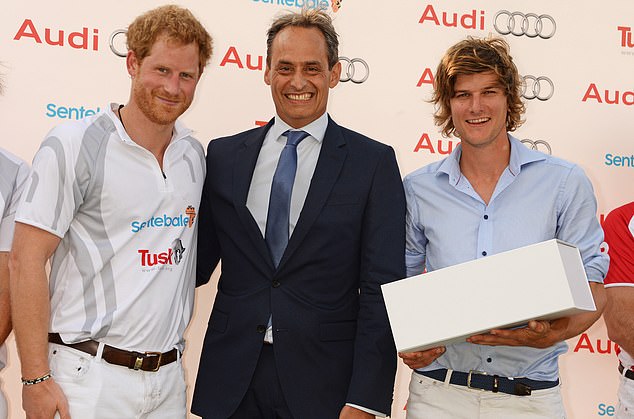 Prince Harry, Andre Konsbruck, Director of Audi UK, and William Melville-Smith attend day one of the Audi Polo Challenge at Coworth Park on May 28, 2016