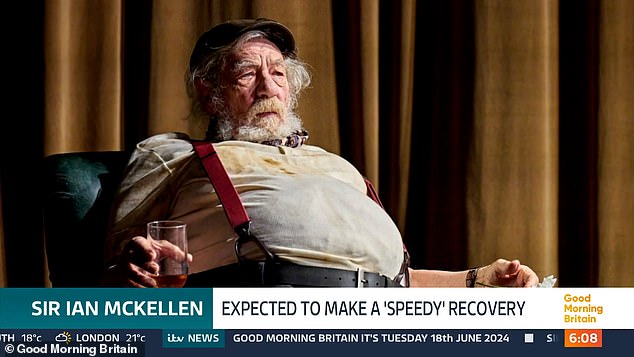 And I hear that Sir Ian, who spent much of this week in hospital after falling off stage mid-performance at the Noel Coward Theatre in the West End, was spared from worse injuries thanks to the chunky bodysuit he wore beneath his costume
