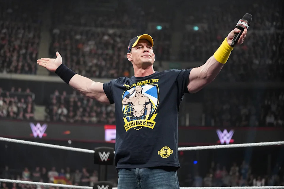 GLASGOW, SCOTLAND - MARCH 24: John Cena addresses the crowd during Monday Night RAW at The OVO Hydro on March 24, 2025 in Glasgow, Scotland. (Photo by Georgiana Dallas/WWE via Getty Images)