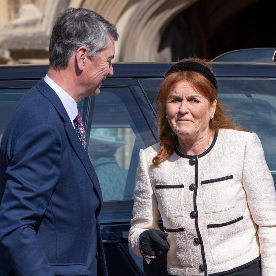 Sarah Ferguson talking to Sir Tim Laurence outside St. George's Chapel.